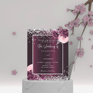 Burgundy silver florals budget wedding invitation flyer