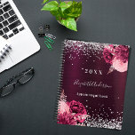 Burgundy silver florals sparkle name 2024 planner<br><div class="desc">A deep burgundy gradient background decorated with faux silver glitter,  sparkles and burgundy and blush pink florals.  Personalise and add a year,  name and a title/text.</div>