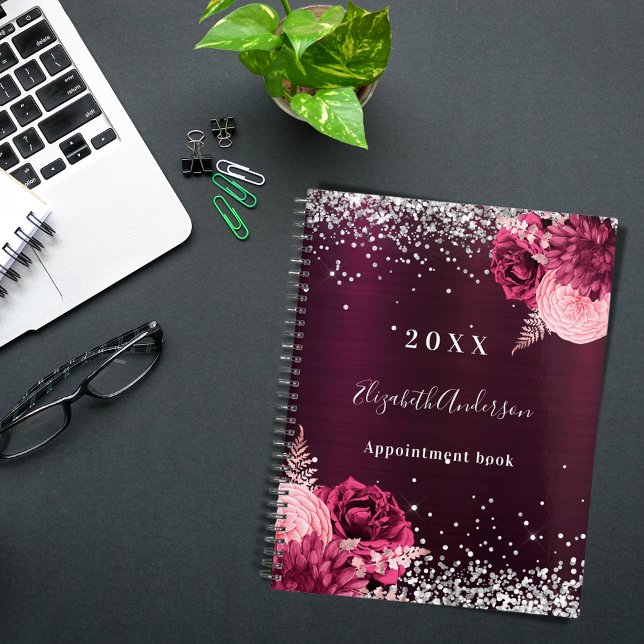 Burgundy silver florals sparkle name 2026 planner (Creator Uploaded)