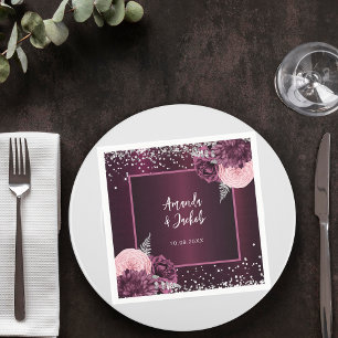 Burgundy silver florals wedding napkin