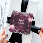 Burgundy silver florals wedding square sticker<br><div class="desc">Burgundy background decorated with burgundy and blush pink florals,  flowers,  and faux silver glitter,  sparkles. Personalise and your names and the wedding date.</div>
