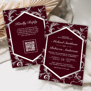 Burgundy Silver Flourish Swirl QR Code Wedding Invitation
