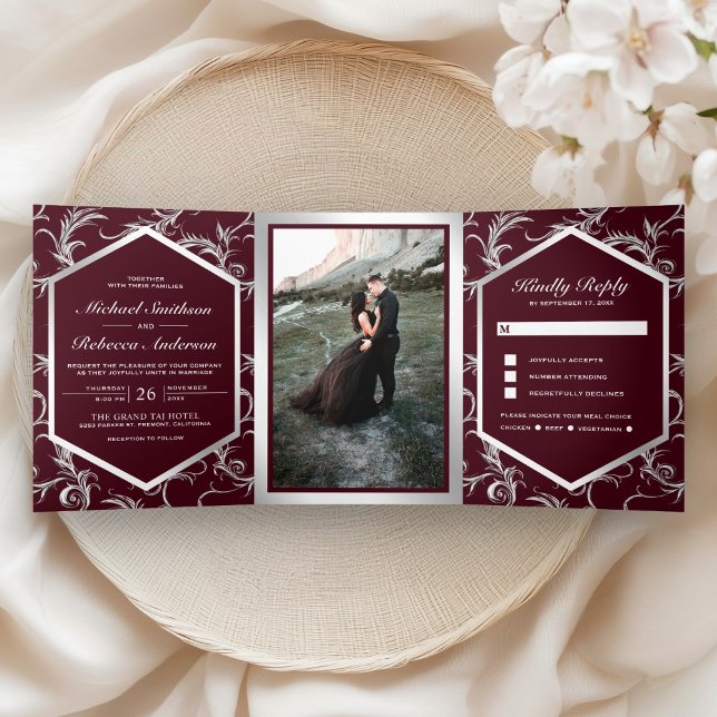 Burgundy Silver Flourish Swirl Wedding Photo Tri-Fold Invitation (Creator Uploaded)