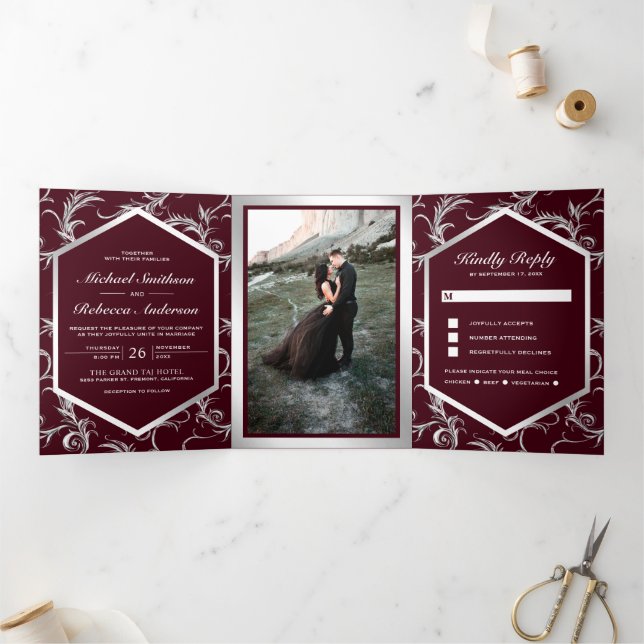 Burgundy Silver Flourish Swirl Wedding Photo Tri-Fold Invitation (Inside)