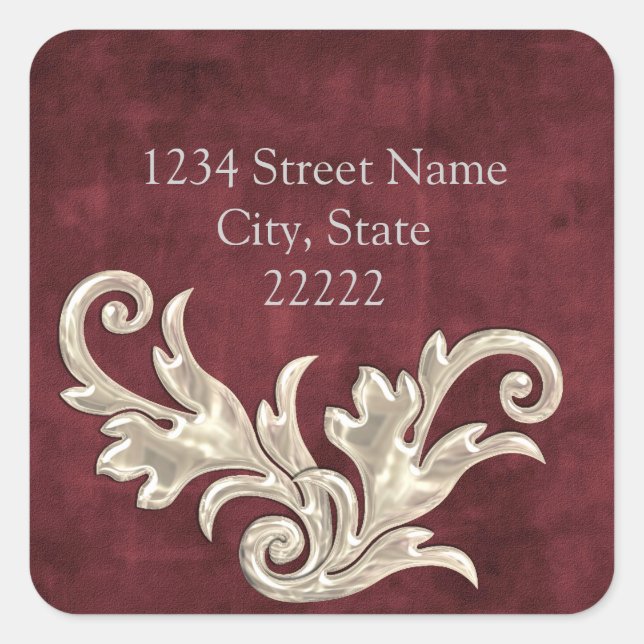 Burgundy Silver Flourishes Return Address Square Sticker (Front)