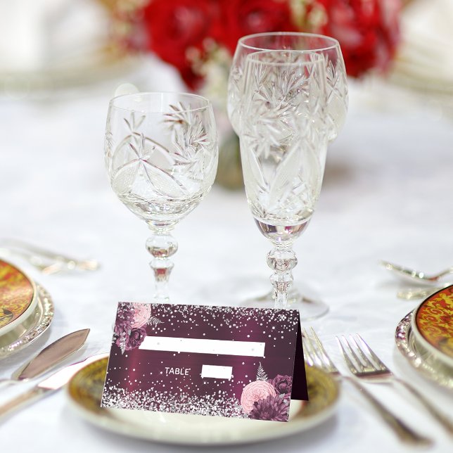 Burgundy silver flowers wedding place card (Creator Uploaded)
