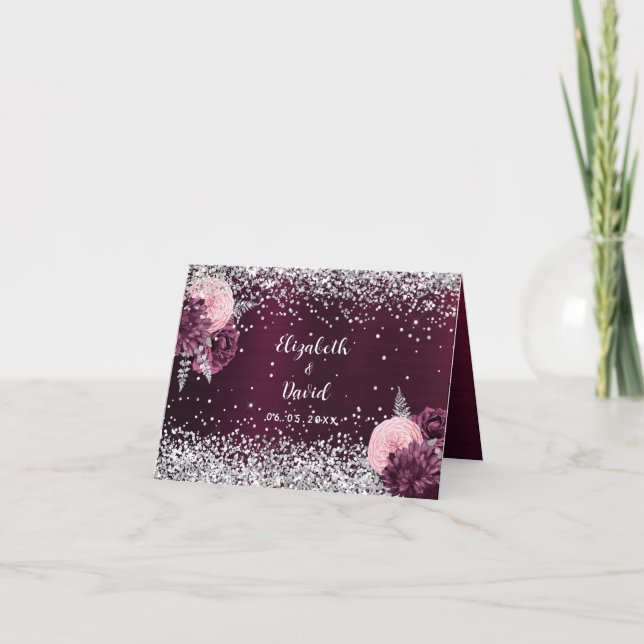 Burgundy silver flowers wedding place card (Front)