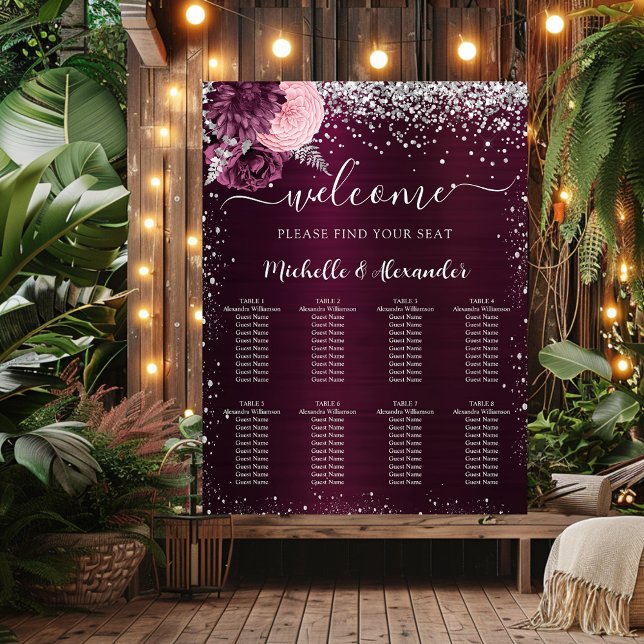 Burgundy silver flowers wedding seating chart (Creator Uploaded)