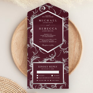 Burgundy Silver Foil Flourish Swirl Wedding All In One Invitation