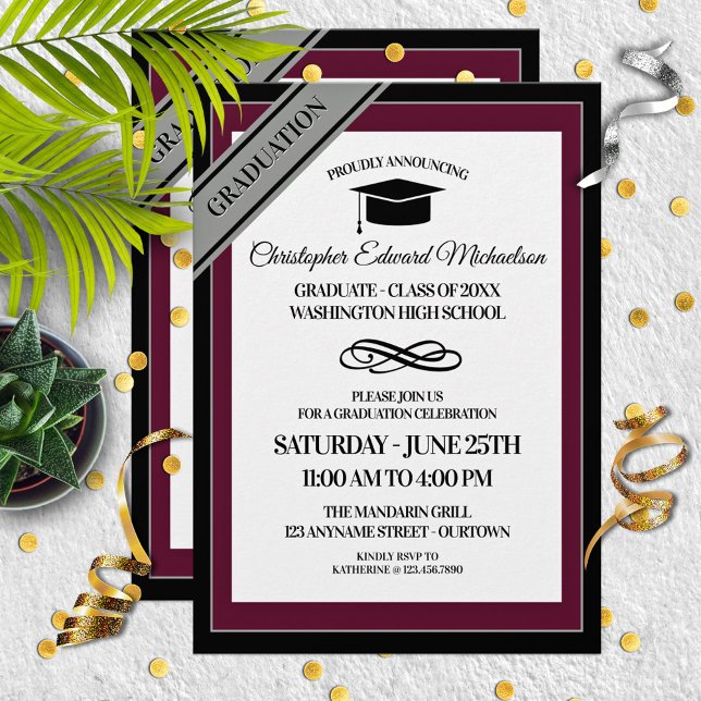 Burgundy|Silver Formal Graduation Announcements (Creator Uploaded)
