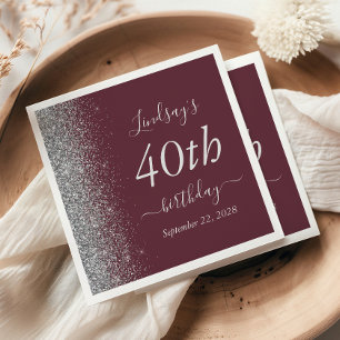 Burgundy Silver Glitter 40th Birthday Party Napkin