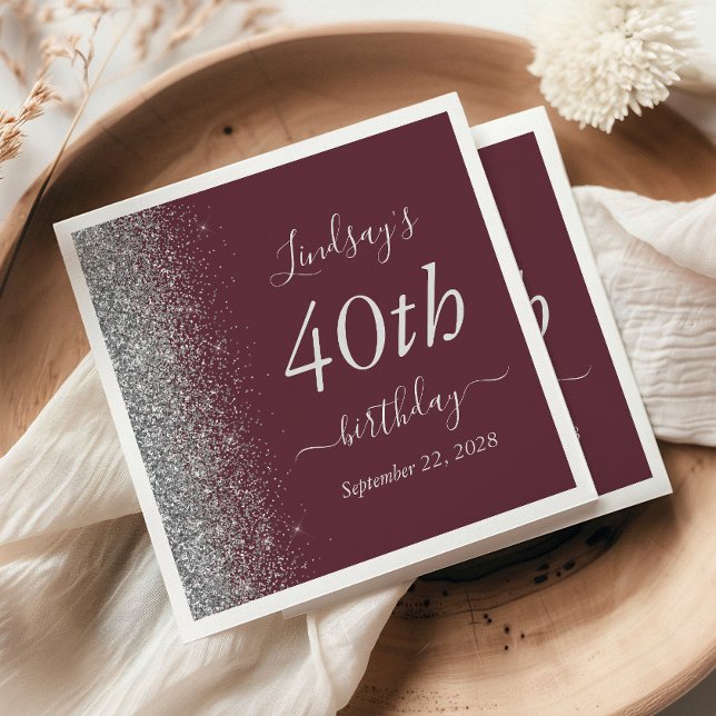 Burgundy Silver Glitter 40th Birthday Party Napkin (Creator Uploaded)