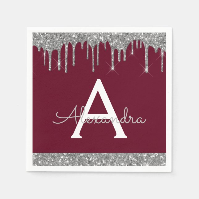 Burgundy Silver Glitter Black Monogram Birthday Napkin (Front)