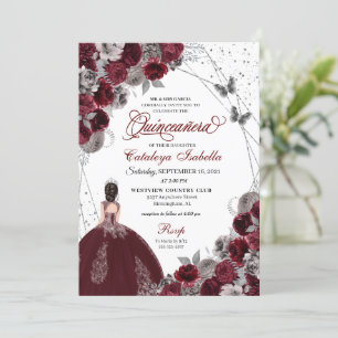 Burgundy Silver Glitter Butterfly Quinceanera Invitation