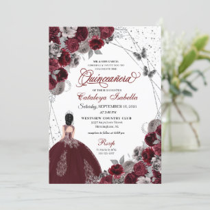 Burgundy Silver Glitter Butterfly Quinceanera Invitation