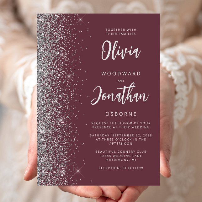 Burgundy Silver Glitter Calligraphy Wedding Invitation (Creator Uploaded)