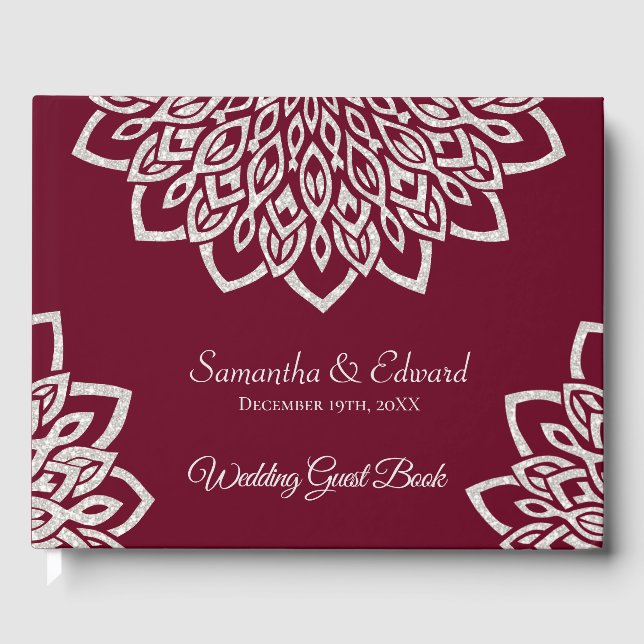 Burgundy Silver Glitter Elegant Wedding Guest Book (Front)