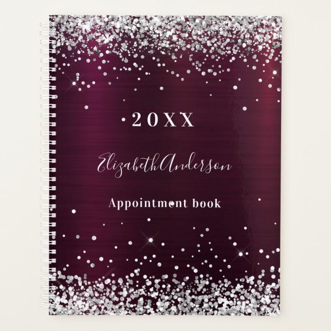 Burgundy silver glitter name 2026 planner (Front)