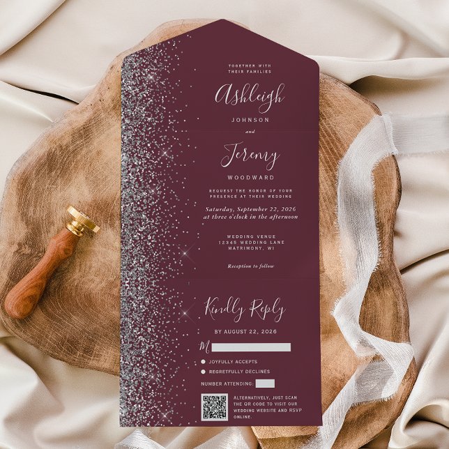 Burgundy Silver Glitter QR Code Wedding All In One Invitation (Creator Uploaded)