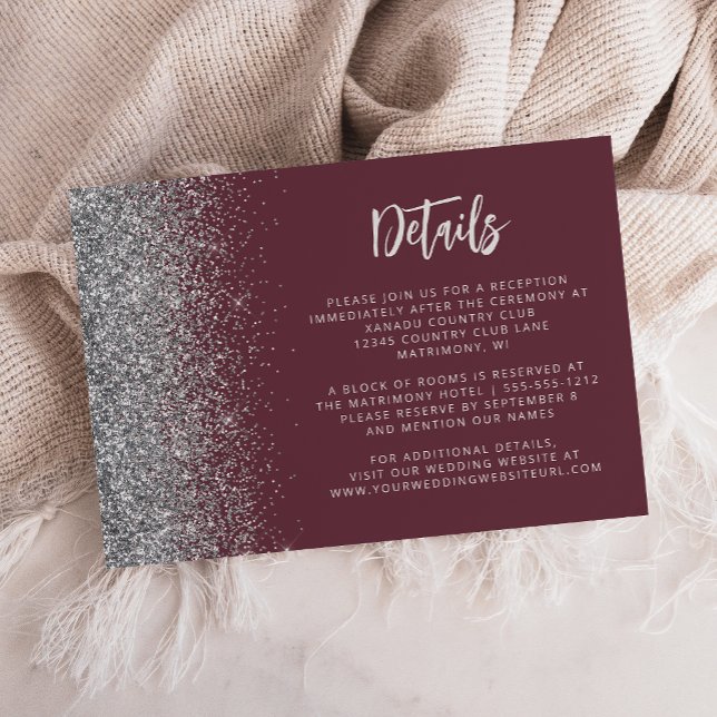 Burgundy Silver Glitter Script Wedding Details Enclosure Card (Creator Uploaded)