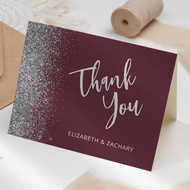 Burgundy Silver Glitter Script Wedding Thank You Card (Creator Uploaded)