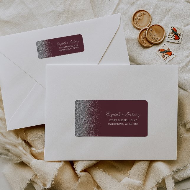 Burgundy Silver Glitter Wedding Return Address (Creator Uploaded)