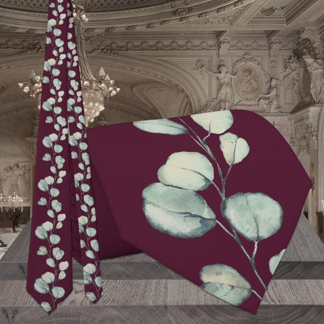 Burgundy Silver Green Eucalyptus Greenery Wedding Tie (Creator Uploaded)
