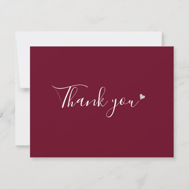 Burgundy Silver Heart Chic Script Business Thank You Card (Front)
