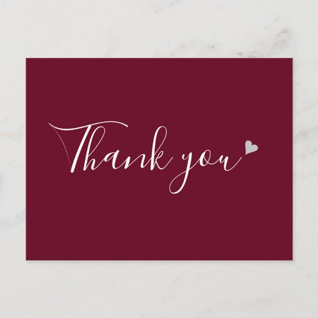 Burgundy Silver Heart Script Business Thank You Postcard (Front)