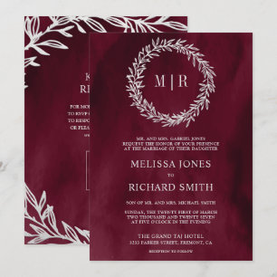 Burgundy Silver Leaf Branch QR Code Wedding Invitation