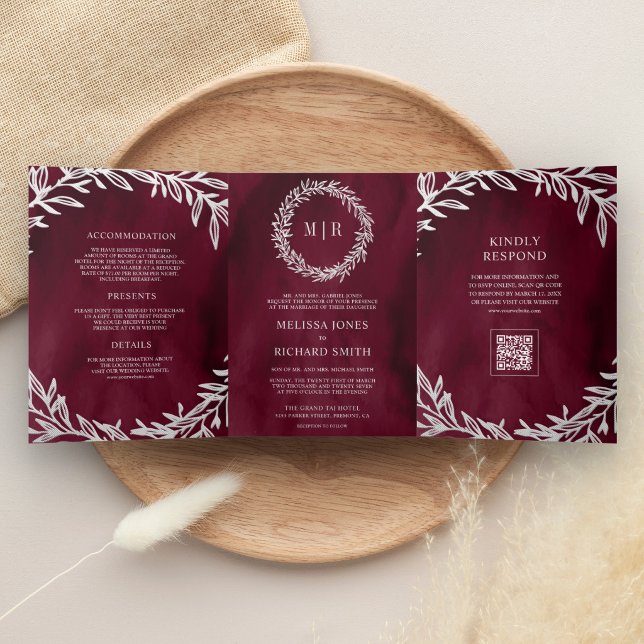 Burgundy Silver Leaf Branch QR Code Wedding Tri-Fold Invitation (Creator Uploaded)