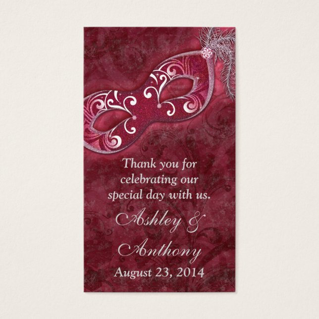 Burgundy Silver Masquerade Wedding Favour Tags (Front)
