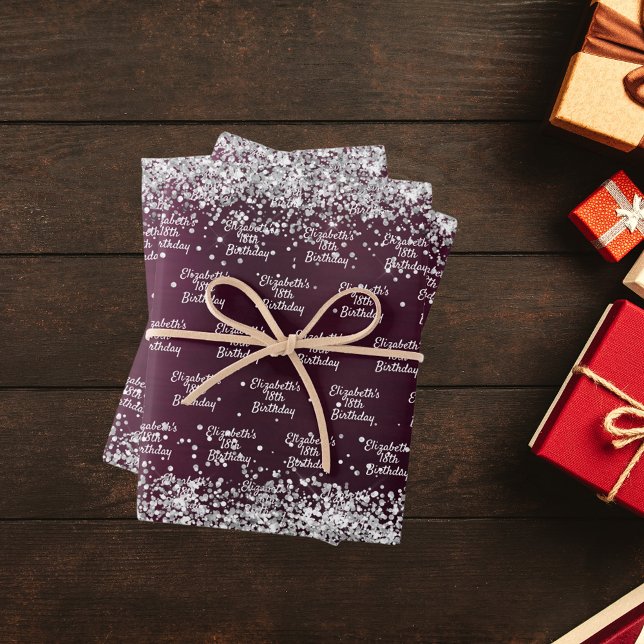 Burgundy silver name birthday wrapping paper sheet (Creator Uploaded)