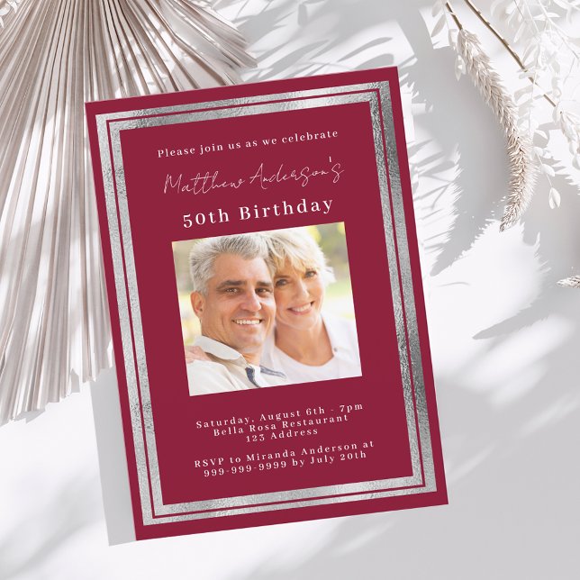 Burgundy silver photo birthday invitation (Creator Uploaded)