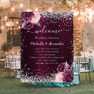 Burgundy silver pink flowers wedding program poster