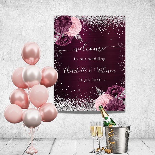 Burgundy silver pink flowers welcome wedding poster (Creator Uploaded)