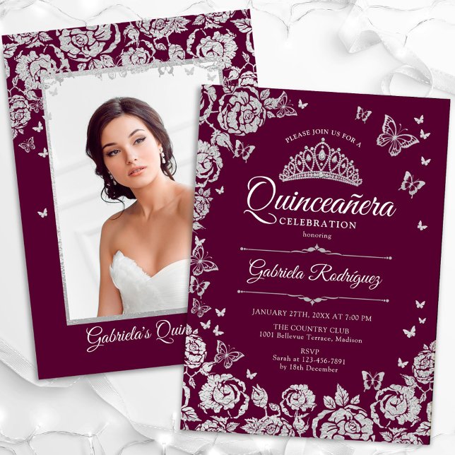 Burgundy Silver Roses Quinceanera Photo Invitation (Creator Uploaded)