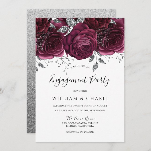 Burgundy & Silver Sparkle Floral Engagement Party  Invitation (Front/Back)