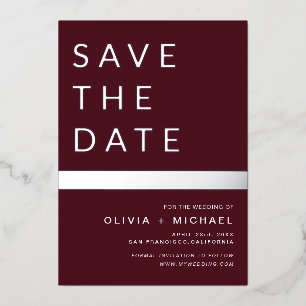Burgundy Silver Stripe Save the Date Elegant