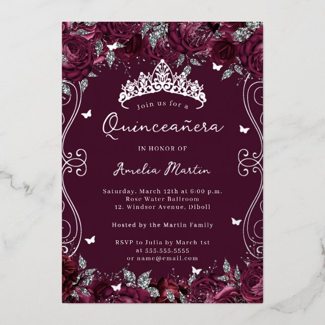Burgundy Silver Swirl Scroll Floral Quinceanera  (Front)