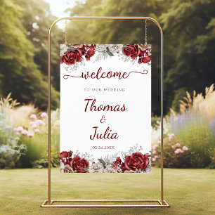 Burgundy Silver Watercolor Floral Wedding Welcome Poster