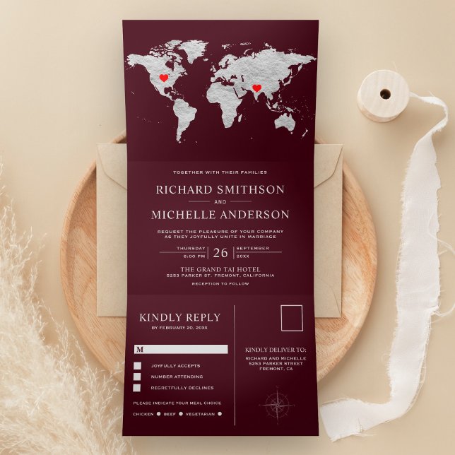 Burgundy Silver World Map All in One Wedding Tri-Fold Invitation (Creator Uploaded)