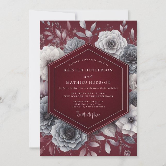 Burgundy Silvered Bloom Wedding Invitation (Front)