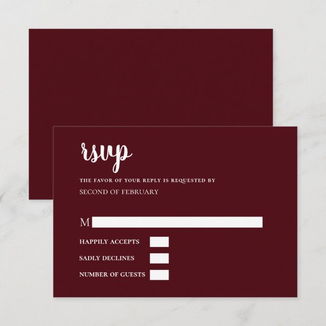 Burgundy Simple Calligraphy Modern RSVP Card (Front/Back)
