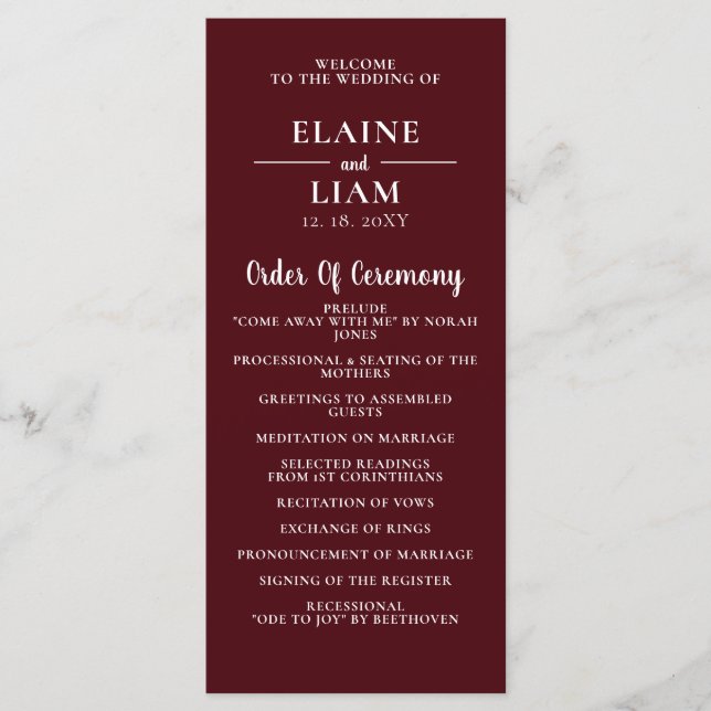 Burgundy Simple Calligraphy Modern Wedding  Programme (Front)