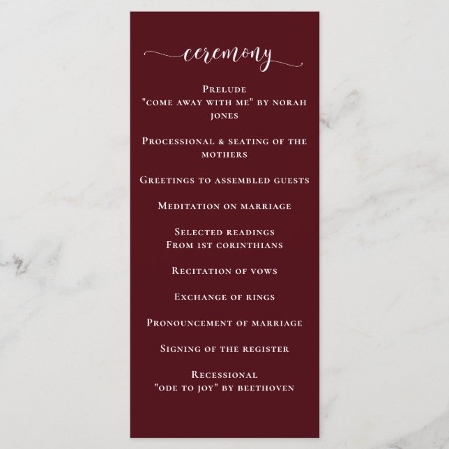 Burgundy Simple Calligraphy Modern Wedding  Programme (Front)