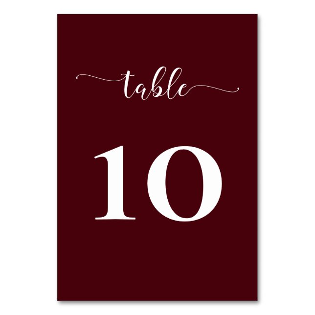 Burgundy Simple Calligraphy Modern Wedding Table Number (Front)