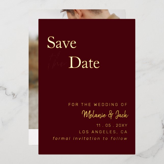 Burgundy Simple Calligraphy Photo Save The Date (Front/Back)