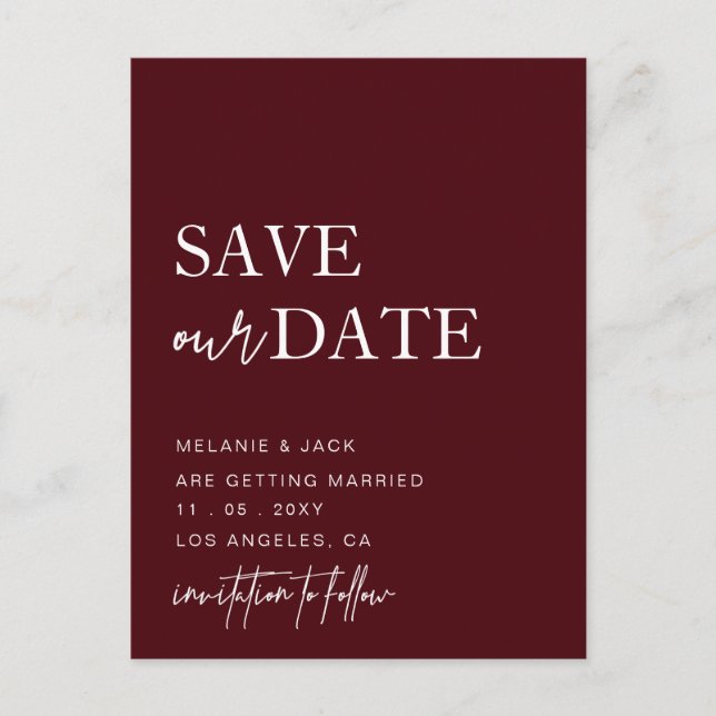 Burgundy Simple Calligraphy Save The Date  Announcement Postcard (Front)