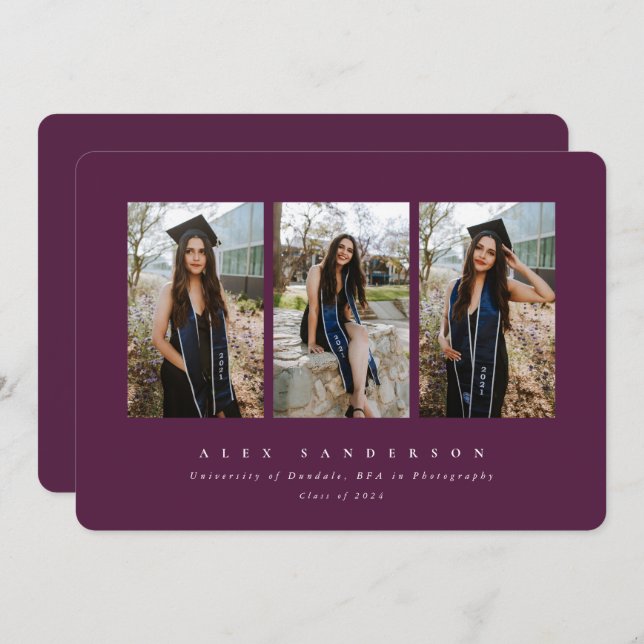 Burgundy Simple Modern Triple Photo Graduation Announcement (Front/Back)